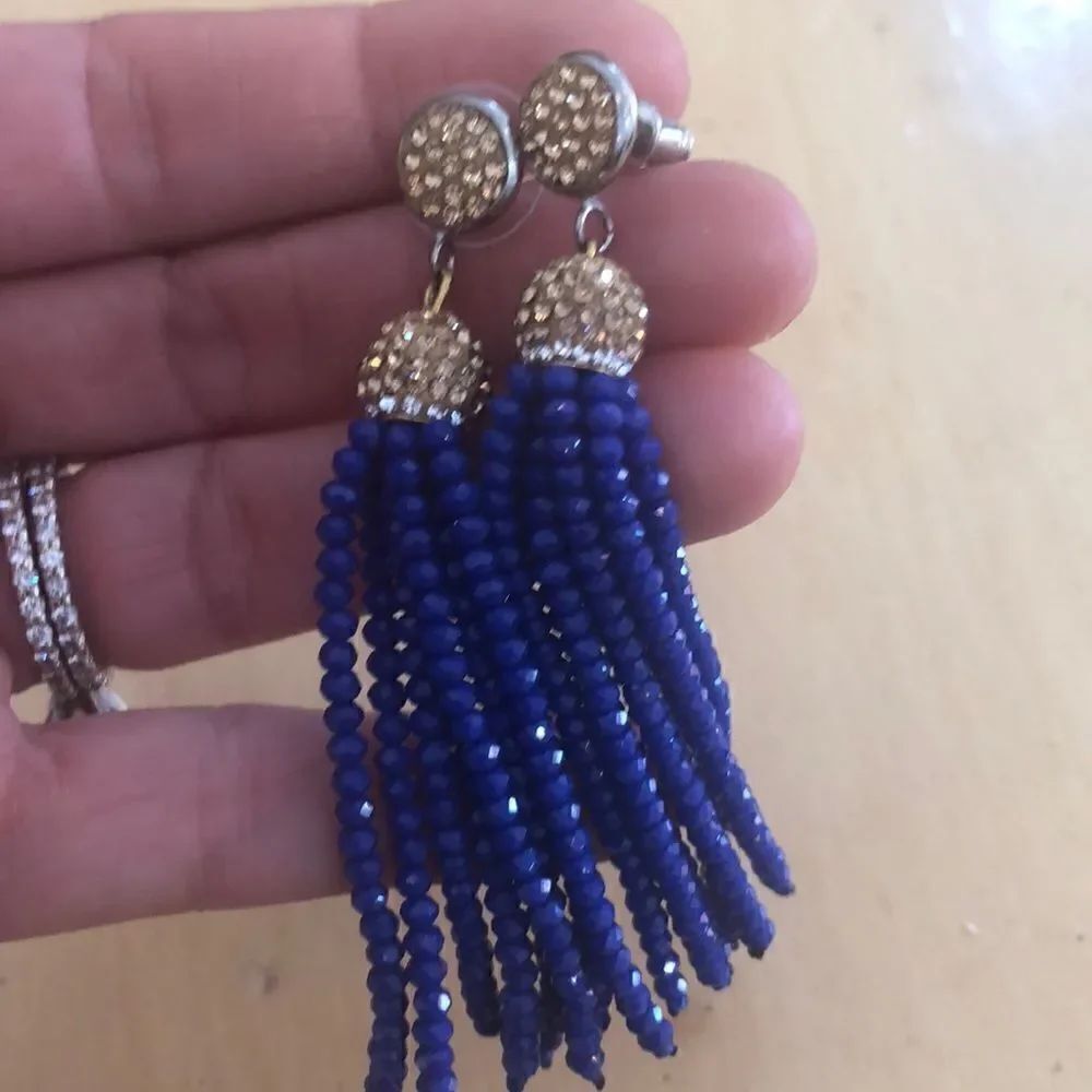NWT Blue gold crystal pave Tassel earrings.